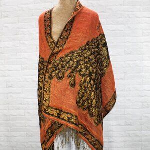 VINTAGE Peacock Woven Blanket Scarf Metallic Fall Accessory Woven Rust Gold